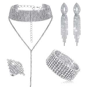 Lussuoso Set di Gioielli in Strass Lega Collana Choker Multistrato Orecchini a Nappa a Y Bracciale Anello Per Matrimonio Festa Donna