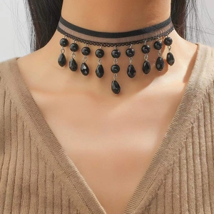 Choker élégant en dentelle noire avec perles de cristal et pendentifs goutte d'eau pour femmes