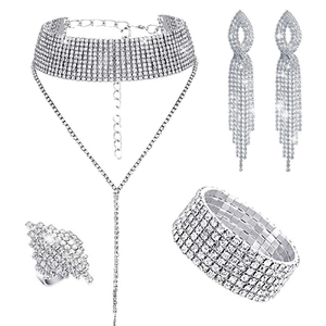 Set di gioielli da sposa 4 pezzi con girocollo in strass, orecchini, bracciale e anello lucido