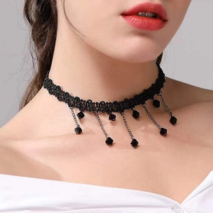 Collier Ras de Cou en Dentelle Noire Gothique Vintage pour Femme Avec Gland en Cristal de Goutte d'eau Bijoux de Mariage