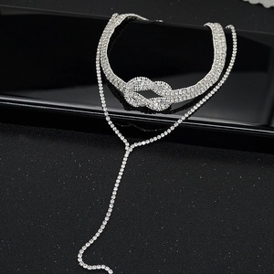 Ensemble de collier choker à strass double couche et long collier en Y argenté pour femme