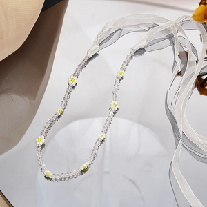 Dual-use pearl crystal headband and necklace with daisy beads and silk ribbons