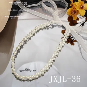Detailed view of pearl beaded headband and ribbon necklace with length measurements
