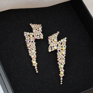 Chic gold-plated lightning bolt earrings with iridescent AB rhinestones for party wear