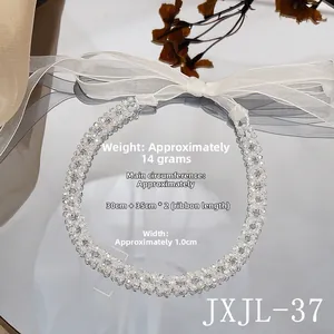 Detail view of crystal beaded choker with organza ribbon and size specifications