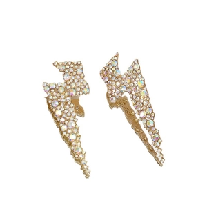 Exaggerated lightning bolt drop earrings with sparkling AB rhinestones and gold alloy base