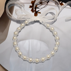 Dual-use pearl crystal headband necklace with elegant organza ribbon bow for women