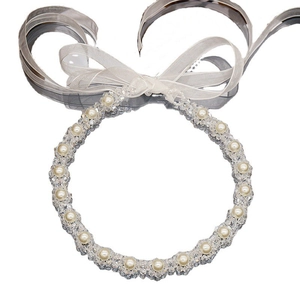 Elegant pearl and crystal beaded headband necklace with white organza ribbon bow