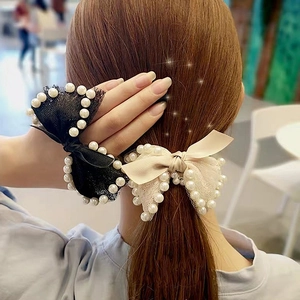 Elegant Large Lace Bow Faux Artificial Pearl Hair Scrunchie For Women Girls Vintage French Style Satin Ponytail Holder Hair Accessories