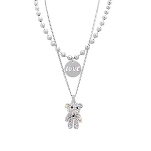 Collier double couche en argent avec pendentif ours en strass et disque gravé LOVE