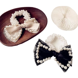 Elegant pearl bow hair ties set with lace details in black and cream white for women