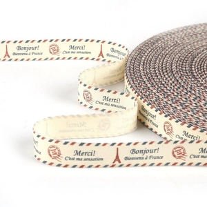 Detail of vintage French style cotton ribbon with Eiffel Tower print and air mail borders