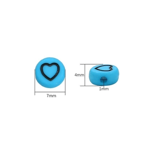 Blue acrylic flat beads with black heart pattern, 7mm size for DIY bracelet making