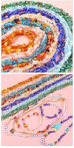 Macro detail of colorful millefiori glass beads with DIY letter charms and jewelry