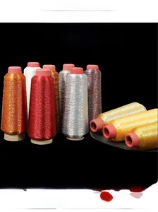 Detailed close-up of metallic embroidery threads in red, gold, and colorful shimmer