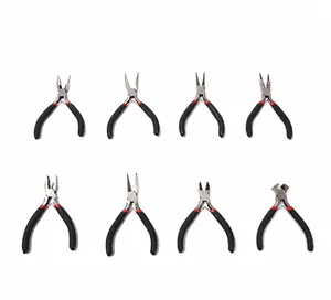 Detailed overhead view of 8-piece professional mini jewelry making pliers set in black and red