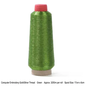 Metallic green embroidery thread spool 3250m for DIY cross stitch sewing on white background