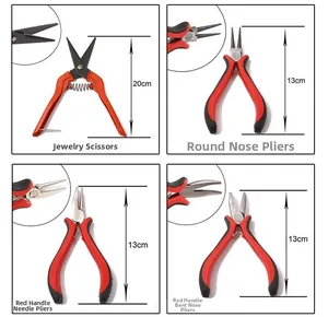 Detailed view of 13cm jewelry pliers and 20cm scissors set with red non-slip handles