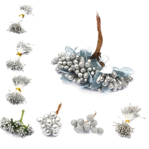 Handgefertigte silberne Glitzer Staubblätter und Beeren für DIY Bastelarbeiten