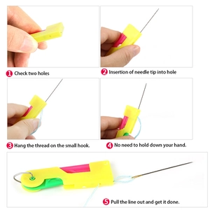 Five-step visual guide for using the yellow plastic automatic needle threader tool