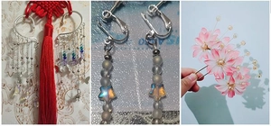 Gros plan de matériaux de bijoux faits main avec des perles givrées et épingles à fleurs