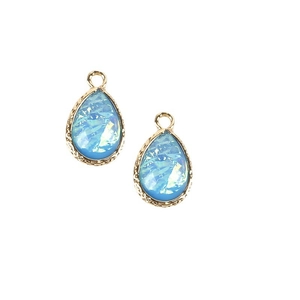 Blue opal teardrop charm with gold engraved border for DIY jewelry making