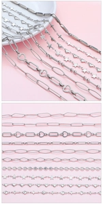 Détail macro de diverses chaînes de bijoux DIY en acier inoxydable argenté et cœurs