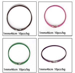 Close-up of 1mm x 46cm colorful steel wire necklaces with secure screw clasps for DIY
