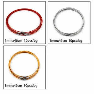 Detailed view of 1mm x 46cm steel wire necklace cords with screw clasps in three colors