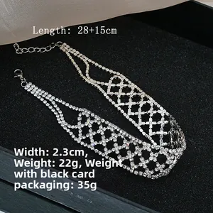 Zilveren strass choker met hartjesgaas, 2,3 cm breed en 28+15 cm verstelbare lengte