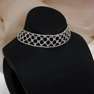 Fonkelende zilveren choker halsketting met strassteentjes op een zwarte buste display