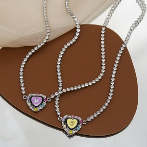 Süße Legierung Emaille Herz Anhänger Halskette Für Damen Strass Tennis Kette Bunte Zirkonia Eingelegt Choker Halsketten Schmuck