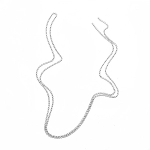 Close-up of double-layered silver-tone necklace featuring pavé-set sparkling rhinestones