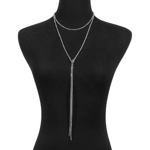Elegant silver double-layer rhinestone Y-necklace with long sparkling crystal tassels