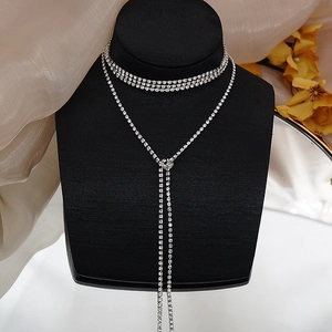 Sparkling silver rhinestone choker and long fringe pendant necklace set for formal wear