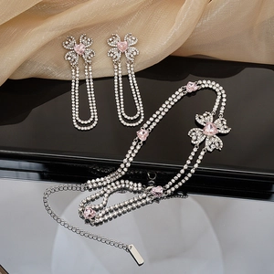 Pink heart tassel earrings and rhinestone necklace set for elegant formal wear