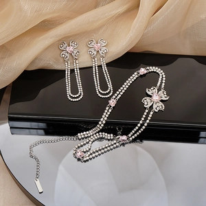 Pink heart rhinestone fringe earrings and matching necklace jewelry set for evening wear