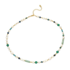Collar gargantilla de perlas de agua dulce, ágata verde y piedras de lapislázuli