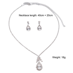 Detail of waterdrop zircon jewelry set showing necklace length 40cm and 18g weight