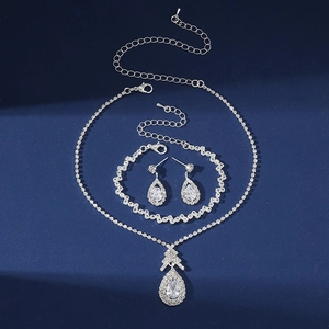 Detail of silver sparkling jewelry set with water drop zircon necklace and earrings