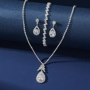 Sparkling silver-toned jewelry set with water-drop cubic zirconia necklace, earrings, and bracelet
