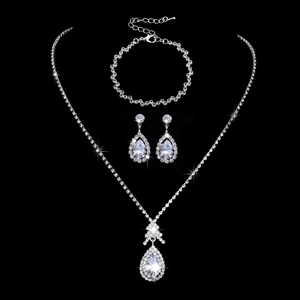 Luxury Alloy Rhinestone Waterdrop Necklace Earrings Bracelet Set Silver Bridal Wedding Jewelry Set For Women Banquet Party