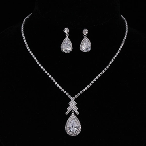 Elegant silver teardrop zircon necklace and earring jewelry set on black model