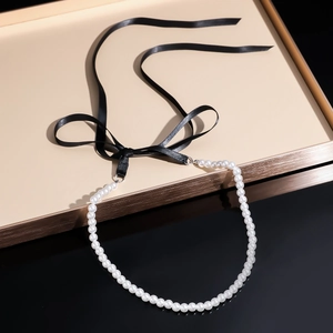 Floral crystal beaded pearl necklace with black silk ribbon bow tie for women