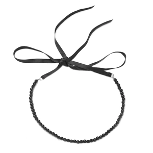 Retro black crystal beaded floral choker with wide satin ribbon tie for women