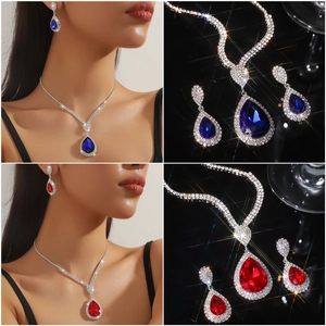 Elegante set di gioielli con collana e orecchini in cristallo a goccia blu e rosso