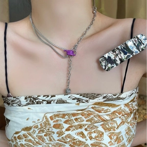 Y2K style silver layered chain necklace with purple accent and square pendant for women