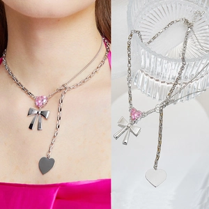 Collar con Colgante de Corazón y Lazo de Cristal Rosa para Mujer Cadena de Cobre Plateado Doble Capa Joyería de Moda