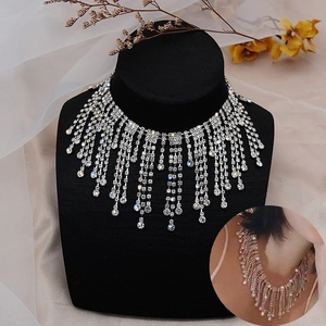 Collier Choker de Luxe en Alliage avec Gland en Strass pour Femme Collier à Franges Argentées pour Mariage et Fête