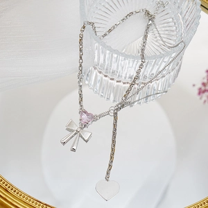 Collar de doble capa en plata con cristal de corazón rosa y lazo para mujer verano